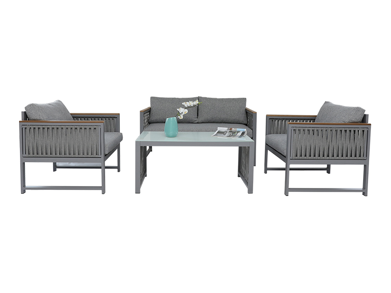 KD design – mobilier de jardin et d'extérieur, ensemble de canapé à sangle en corde tissée avec coussin de siège, bois synthétique sur l'accoudoir YQC-2786